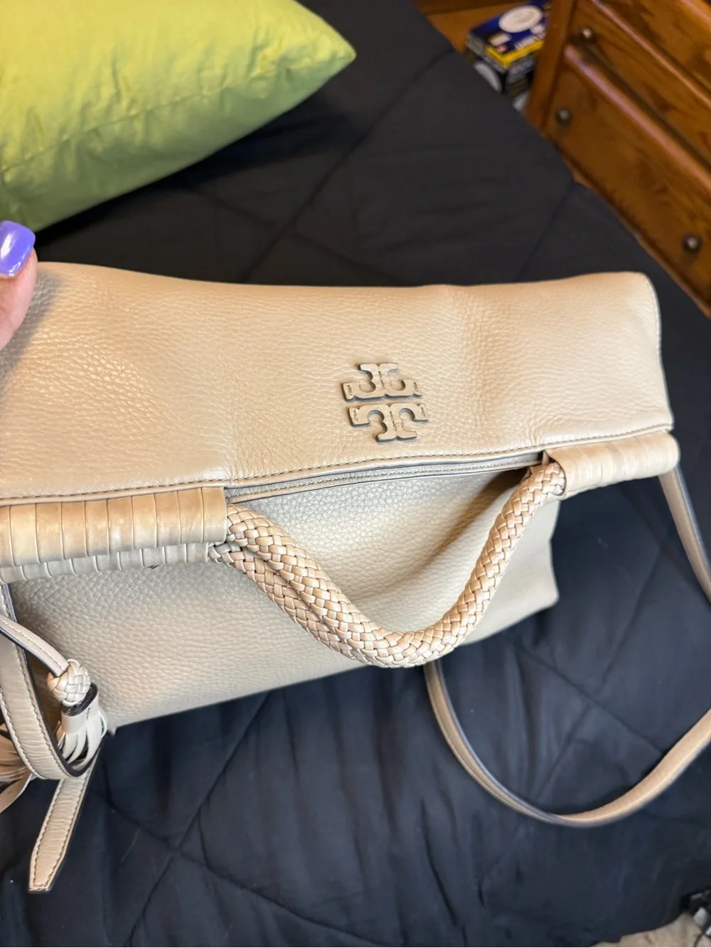 Tory Burch Marion Fold-Over Crossbody Bag | Pebbled Leather | Light Beige/Taupe - Picture 13 of 15